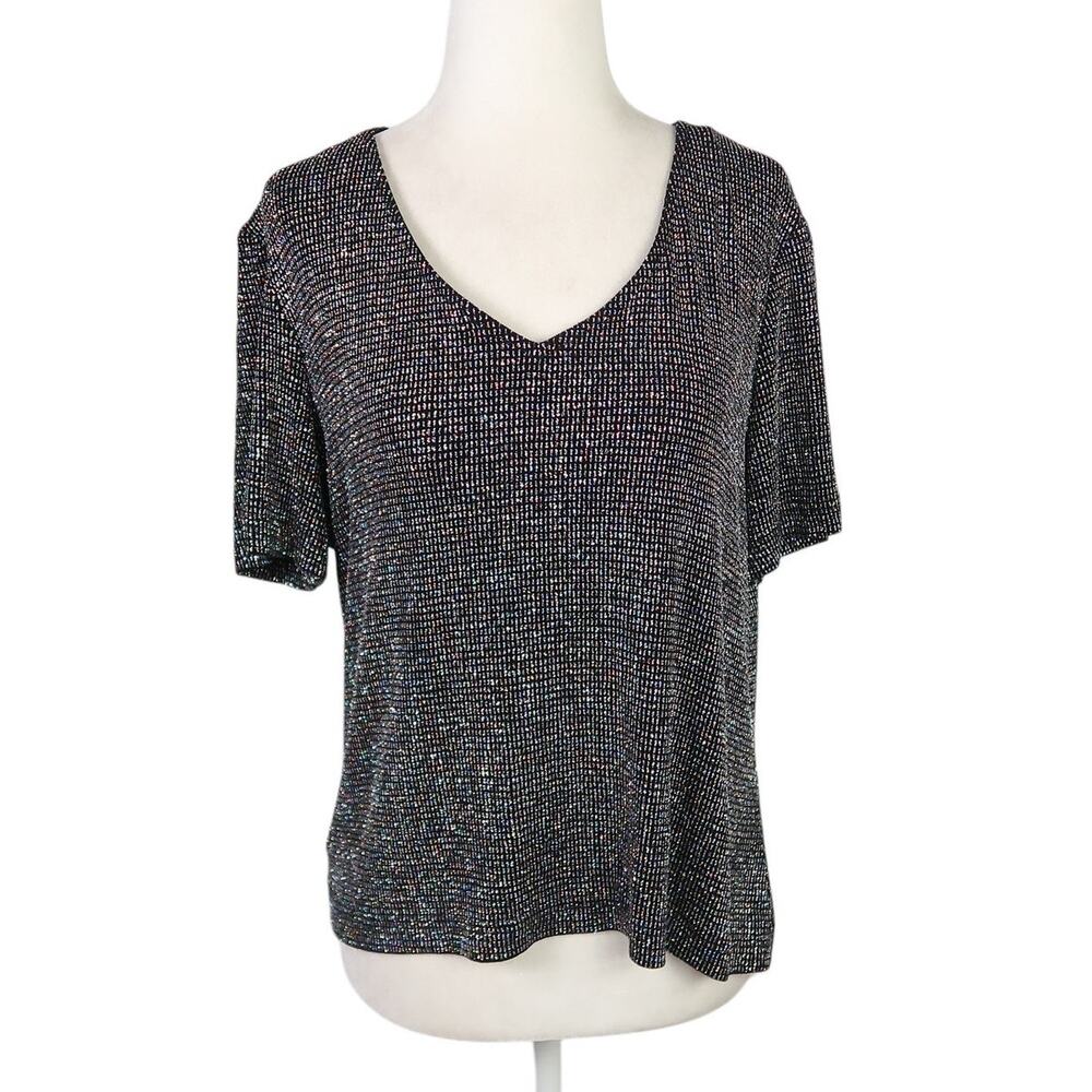 Vintage 90s Ronni Nicole black and silver rainbow metallic t-shirt top